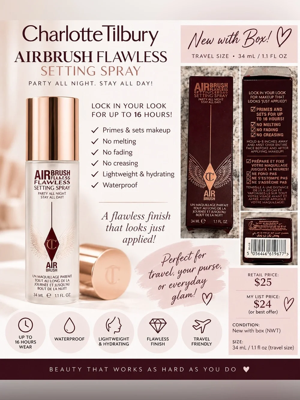 NWT Charlotte Tilbury Airbrush Flawless Setting Spray Travel Size 34mL